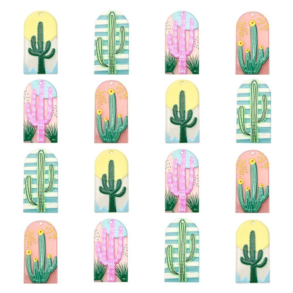 3796 16Pcs 4 Styles Acrylic 3D Printed Oval Tropical Cactus Charms for DIY